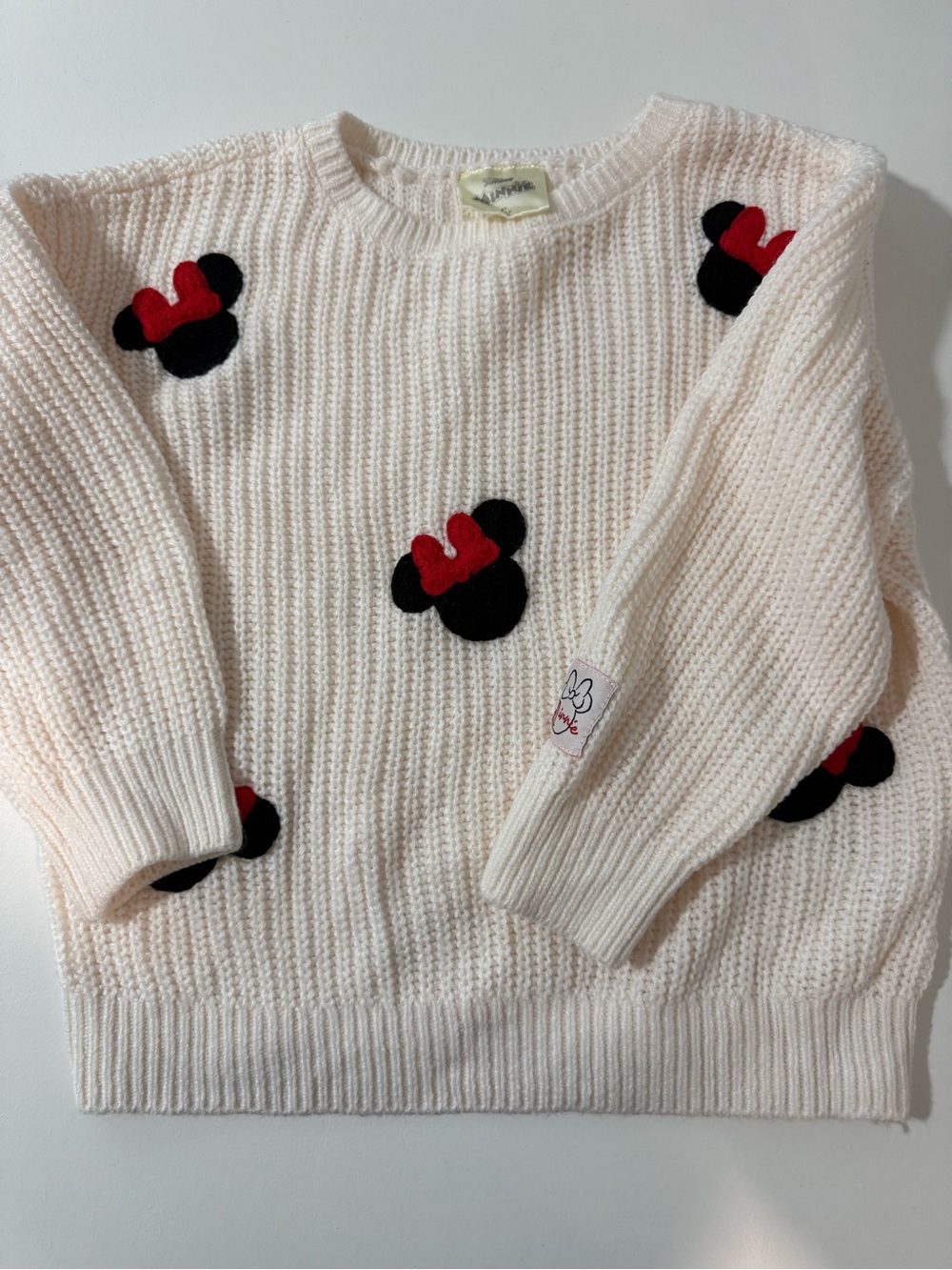 Disney Cream Knit Sweater with Black Minnie Silhouettes and Red Bows